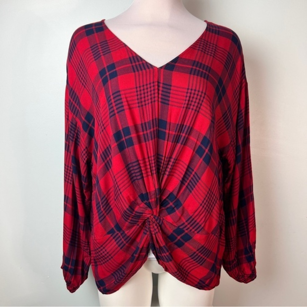IMAN Red & Navy Blue Tartan Plaid Relaxed Tie-Front Blouse Women’s Size XL